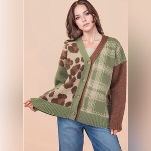 Oversized Chunky Patchwork Cardigan Sweater - Green/Brown